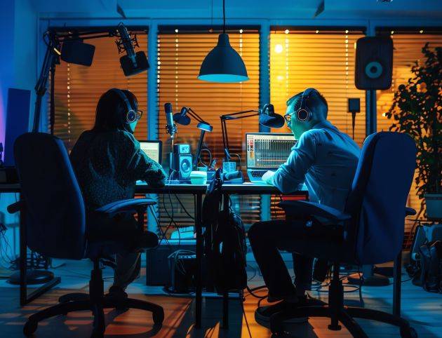Two people recording a podcast in a professional studio.